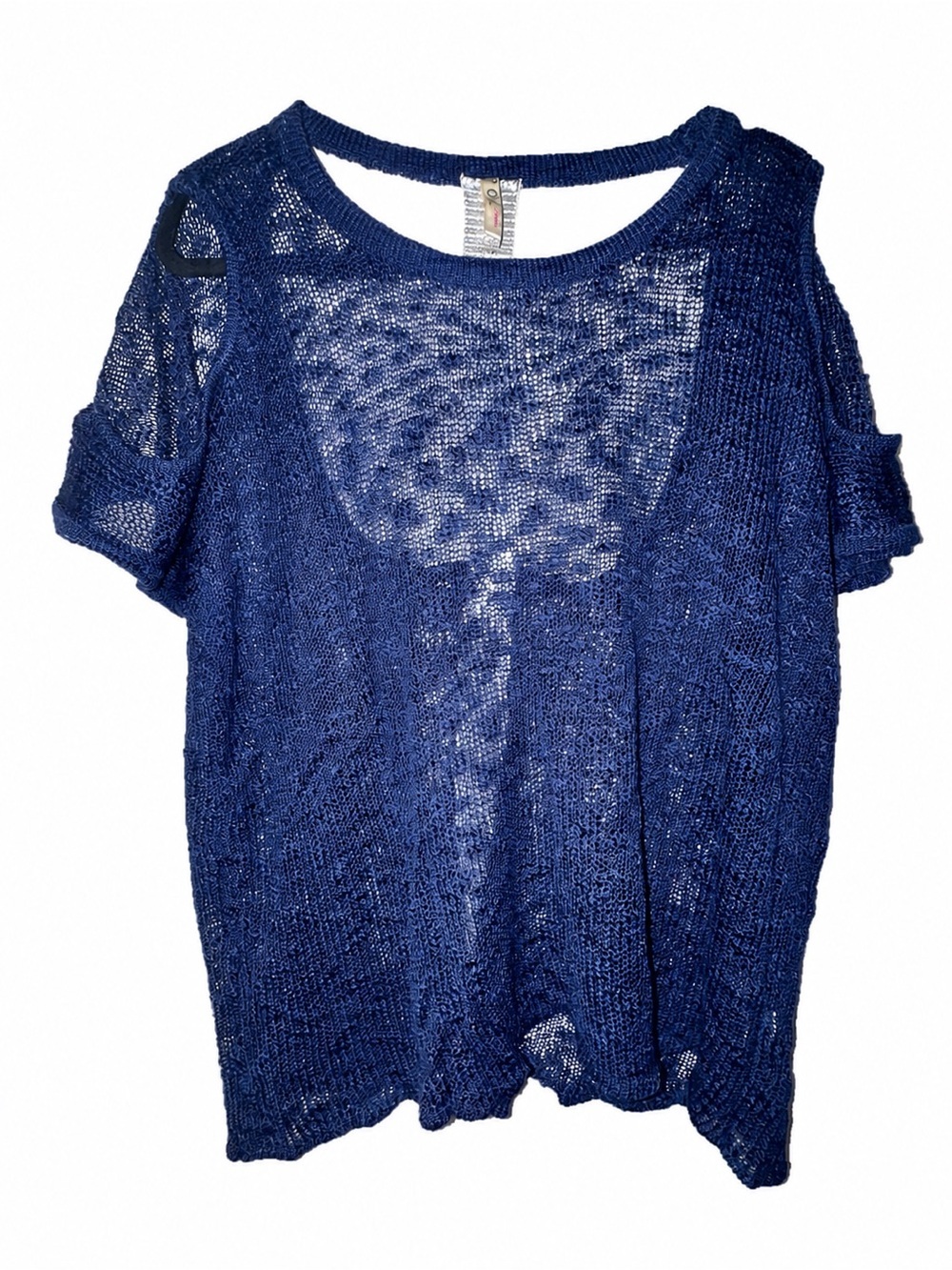 POL Navy Sheer Knit Cold-Shoulder Top- Size Small